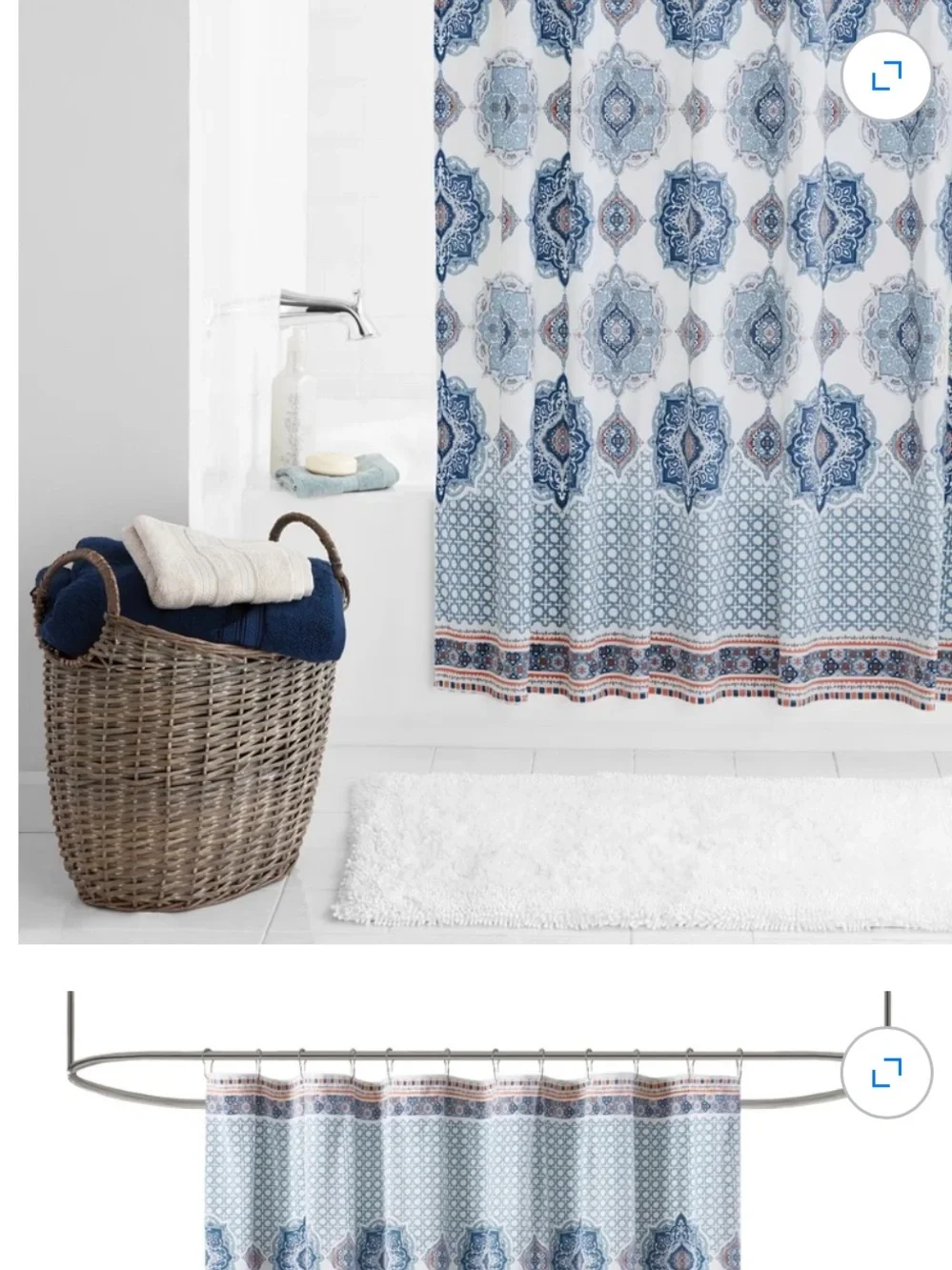 Mainstays Blue and White Medallion Shower Curtain with Coral Trim